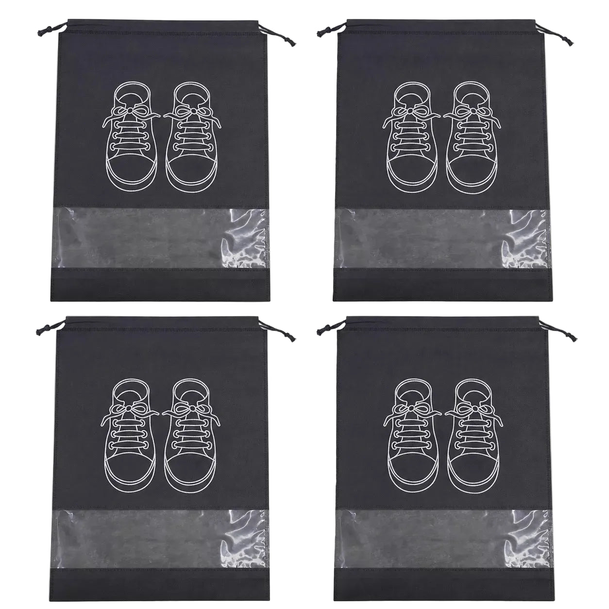 Four black drawstring shoe storage bags arranged in a 2x2 grid on a white background. Each bag features a white line art graphic of a pair of sneakers and a semi-transparent lower pocket.
