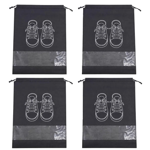 Four black drawstring shoe storage bags arranged in a 2x2 grid on a white background. Each bag features a white line art graphic of a pair of sneakers and a semi-transparent lower pocket.