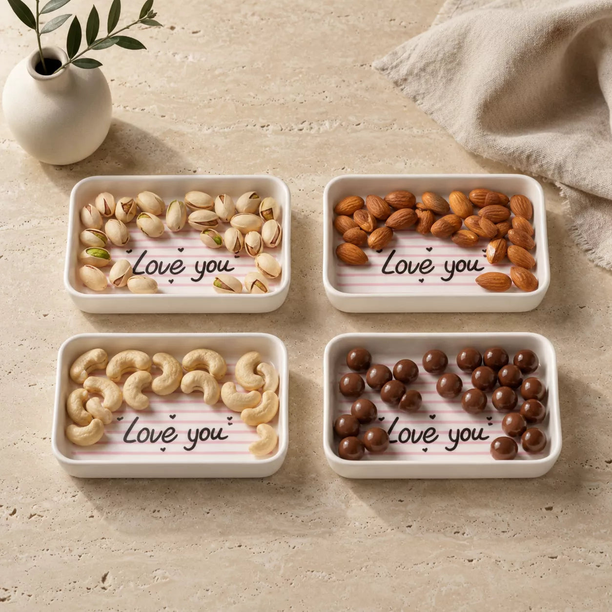 Four small rectangular white ceramic trays arranged in a 2x2 grid on a beige stone-like surface. Each tray contains different snacks: pistachios, almonds, cashews, and chocolate candies.