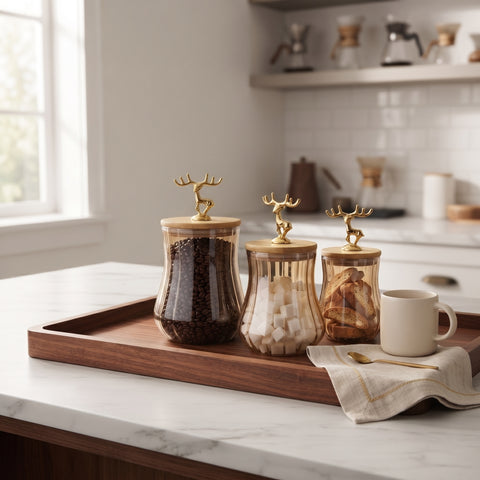 3-Piece Ribbed Glass Storage Jar Set with Bamboo Lids & Gold Deer Handles