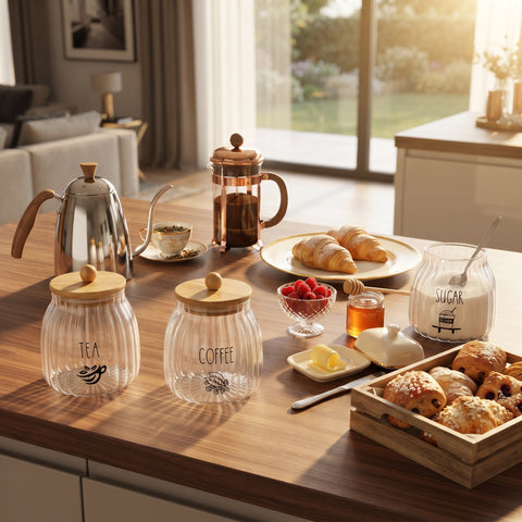 3-Piece Ribbed Glass Storage Jar Set with Bamboo Lids – Tea, Coffee & Sugar Canisters