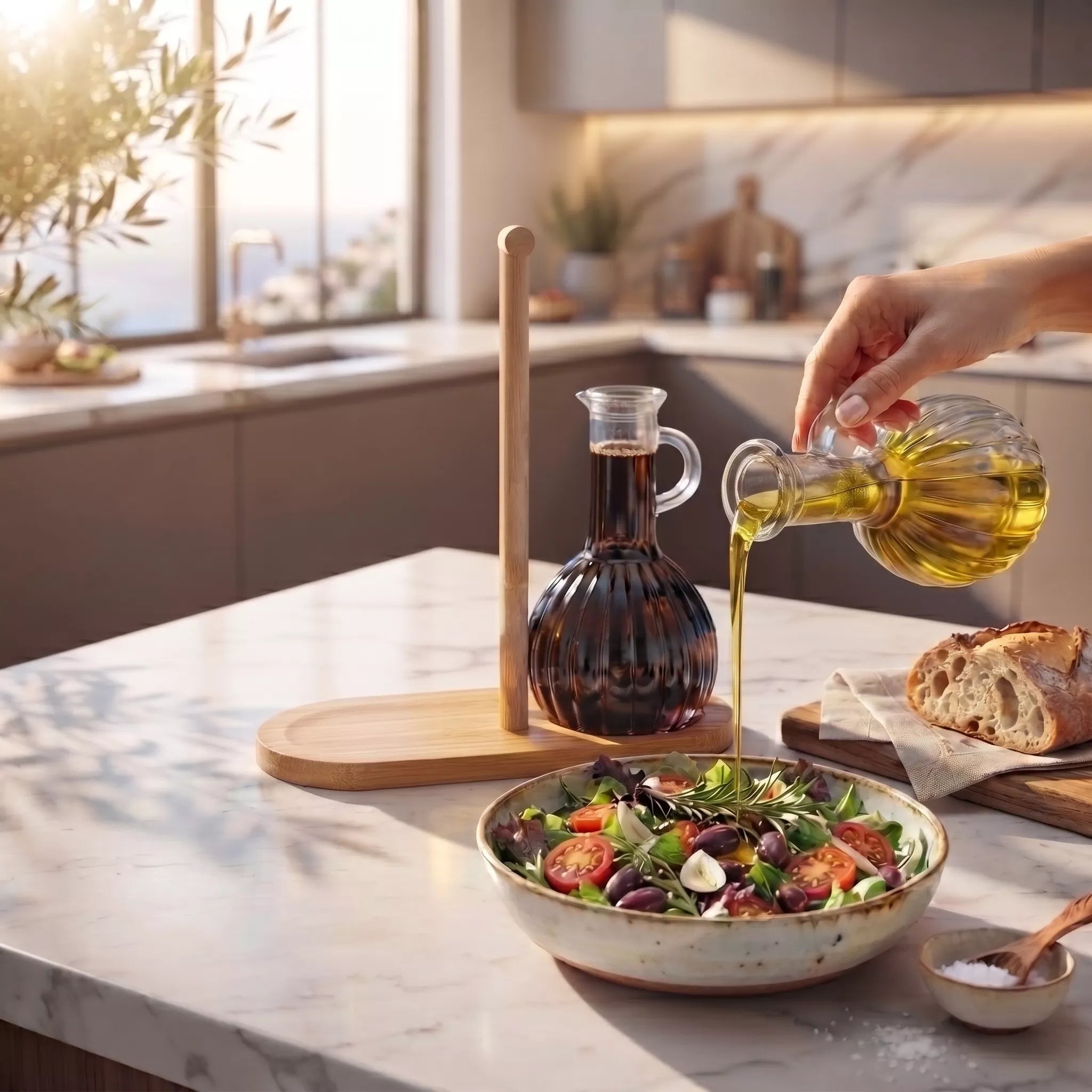 A hand pours golden olive oil from a glass bottle into a dark glass bottle on a wooden stand, set on a marble kitchen counter next to a salad bowl and bread in a bright modern kitchen.