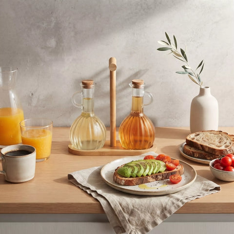 A styled breakfast tabletop scene with two glass oil bottles on a wooden holder, toast topped with avocado and tomatoes, juice, coffee, a vase with olive branches, and a linen napkin against a textured light gray wall.