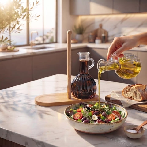 A hand pours golden olive oil from a glass bottle into a dark glass bottle on a wooden stand, set on a marble kitchen counter next to a salad bowl and bread in a bright modern kitchen.