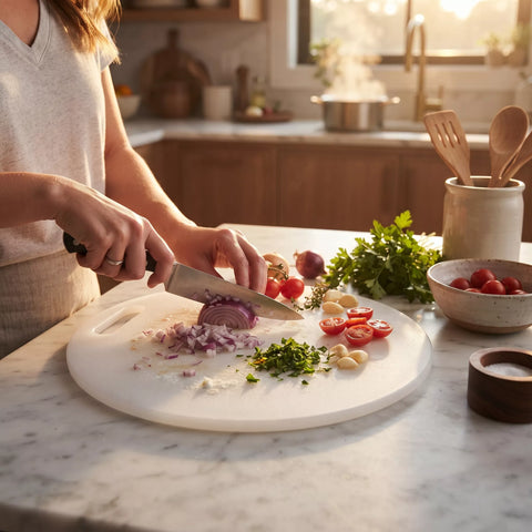 A person chops an onion on a round white cutting board on a marble kitchen counter, with fresh tomatoes, garlic, parsley, and wooden utensils nearby in a warm, sunlit kitchen.