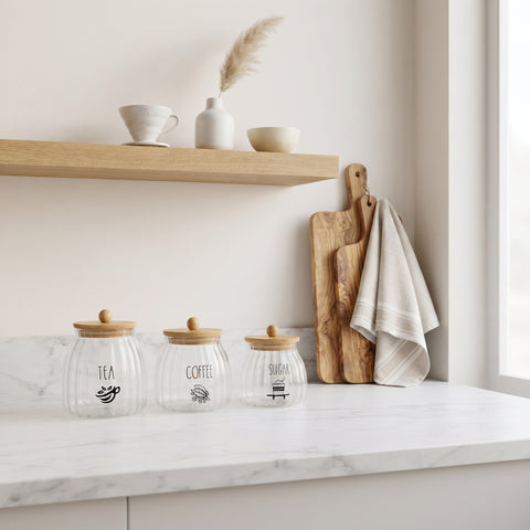 3-Piece Ribbed Glass Storage Jar Set with Bamboo Lids – Tea, Coffee & Sugar Canisters