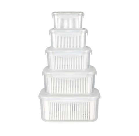 5-Piece Fridge Storage Container Set with Plastic Strainer for Fruits & Vegetables