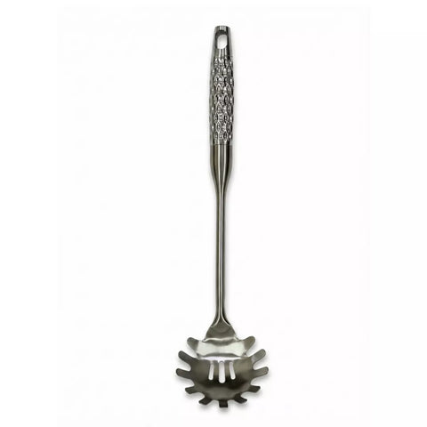 Metallic pasta server with decorative handle on a white background