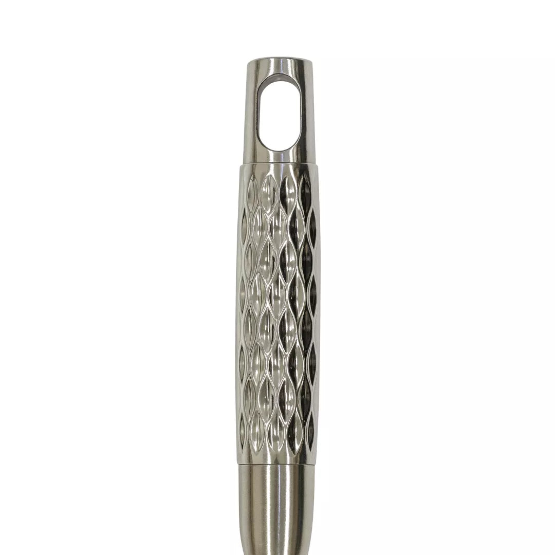 Metallic kitchen tool with textured design on a white background