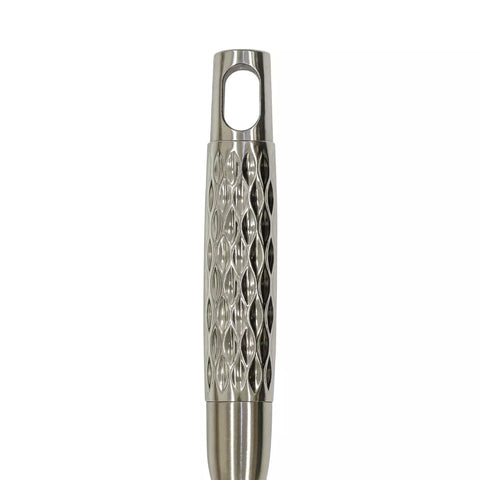 Metallic kitchen tool with textured design on a white background
