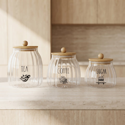 3-Piece Ribbed Glass Storage Jar Set with Bamboo Lids – Tea, Coffee & Sugar Canisters