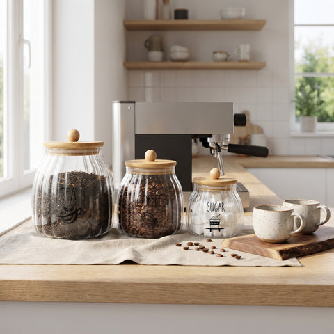 3-Piece Ribbed Glass Storage Jar Set with Bamboo Lids – Tea, Coffee & Sugar Canisters