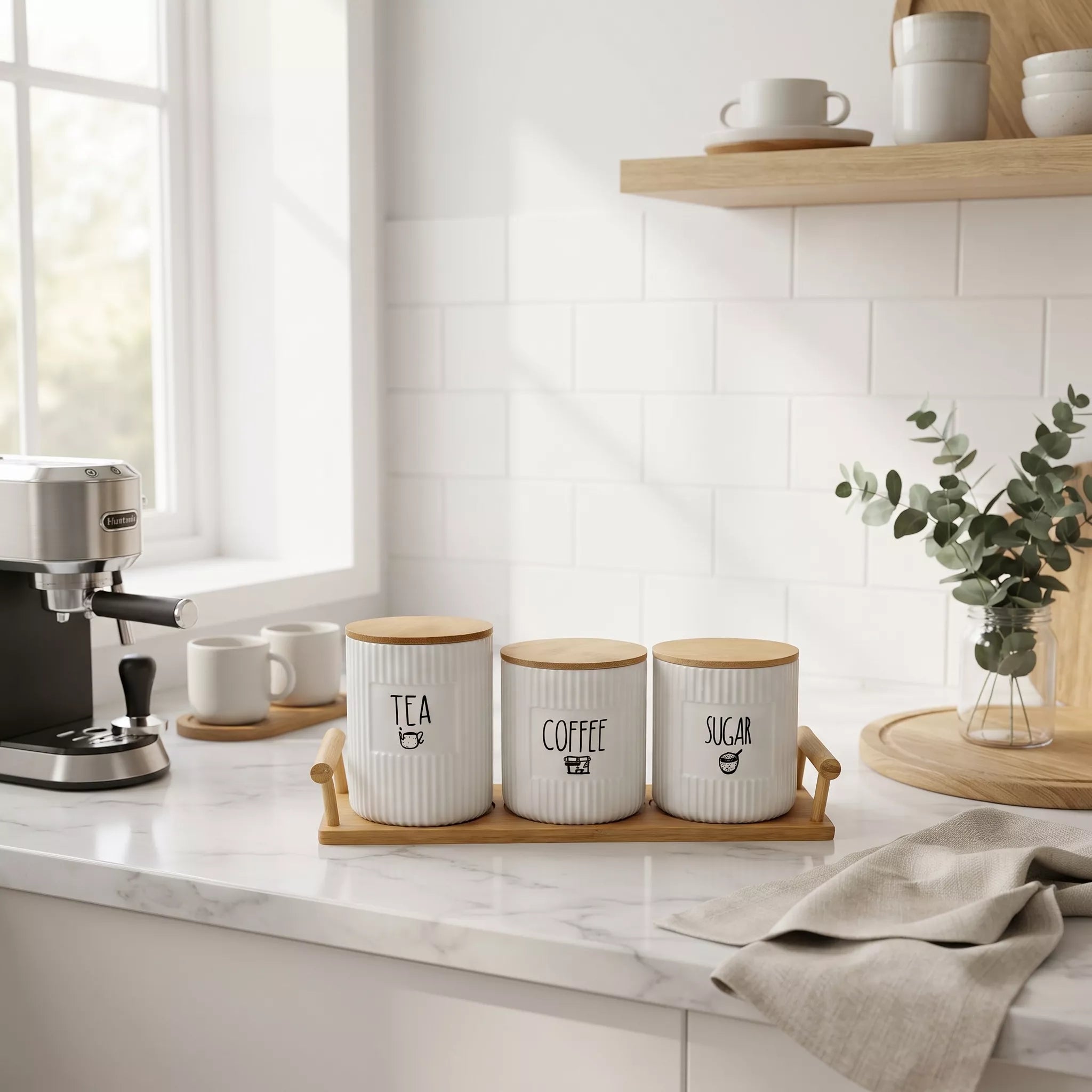 Three white ribbed canisters with light wood lids labeled TEA, COFFEE, and SUGAR, arranged on a wooden tray on a kitchen counter.