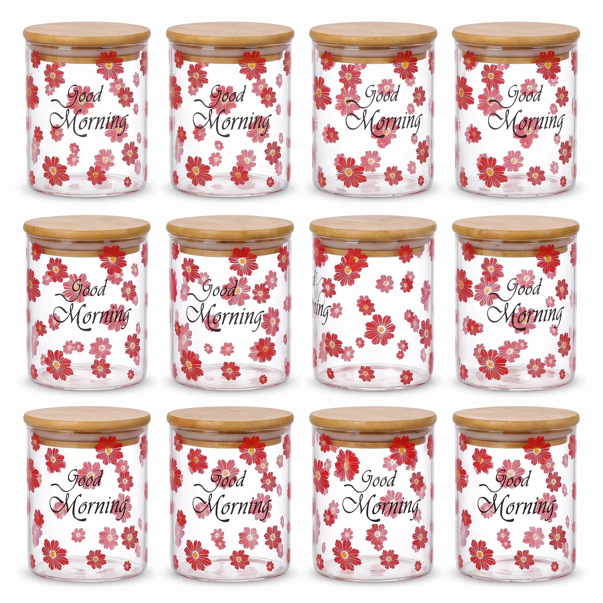 Twelve clear glass canisters with light wood lids, decorated with red and pink cherry blossoms and the words 'Good Morning' in black script, arranged in a 3x4 grid on a white background.