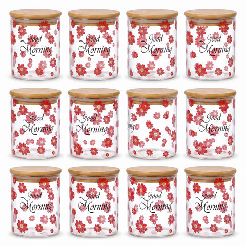 Twelve clear glass canisters with light wood lids, decorated with red and pink cherry blossoms and the words 'Good Morning' in black script, arranged in a 3x4 grid on a white background.