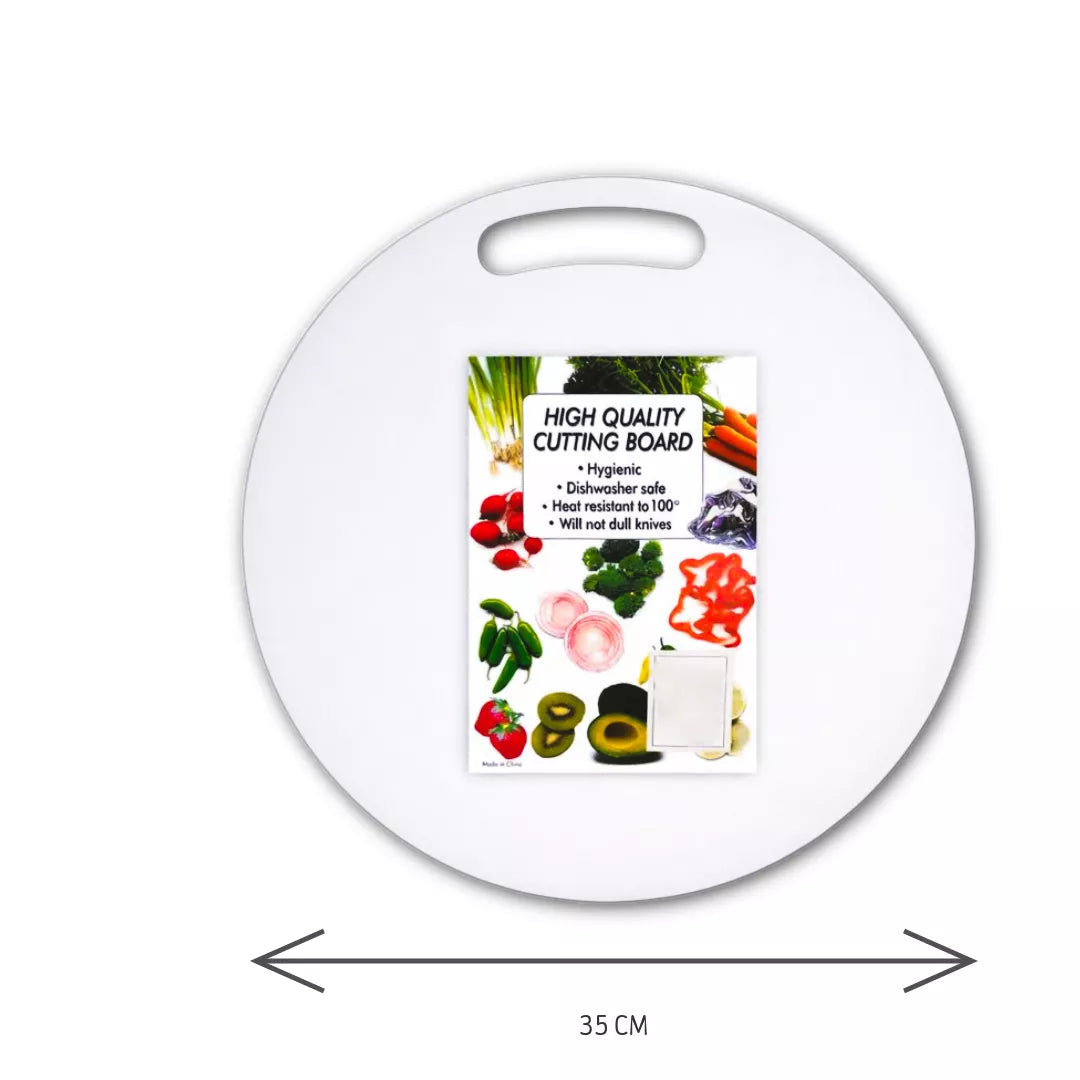 White cutting board with dimensions and a label on a white background