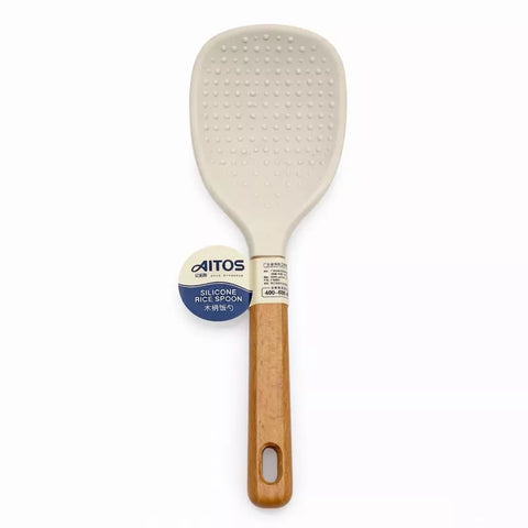 مغرفة أرز سيليكون مانعة للالتصاق بيد خشب طبيعي لون بيج من AITOS – AITOS non-stick silicone rice spoon with wooden handle beige