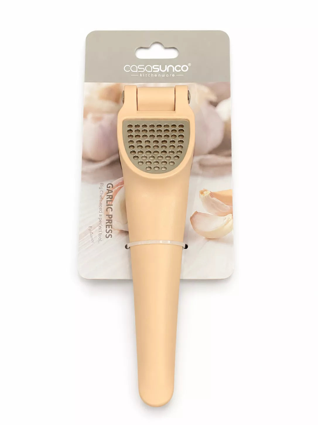 A beige garlic press tool attached to a printed retail card, photographed on a plain white background. The card shows the brand name Casosunco and includes garlic imagery.