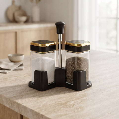 2-Piece Square Glass Salt & Pepper Shaker Set with Black & Gold Lids & Holder – 100ml