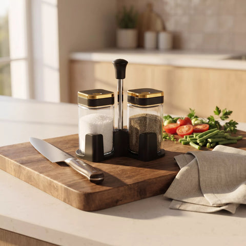 2-Piece Square Glass Salt & Pepper Shaker Set with Black & Gold Lids & Holder – 100ml