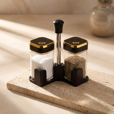 2-Piece Square Glass Salt & Pepper Shaker Set with Black & Gold Lids & Holder – 100ml