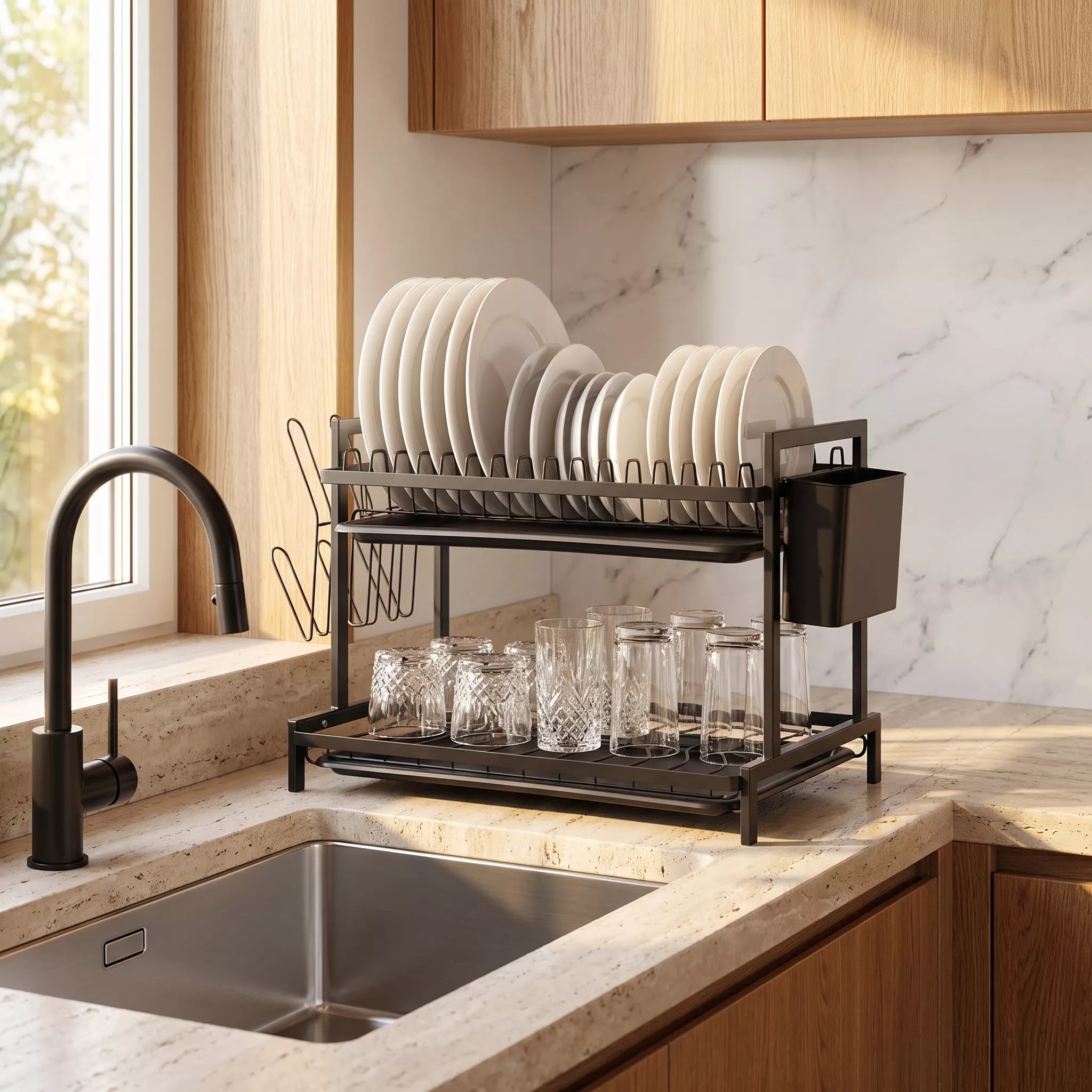 A two-tier black metal dish rack with a side cup holder, shown on a kitchen counter next to a sink. The rack is loaded with white plates and clear drinking glasses, set against a marble backsplash and wooden cabinets.