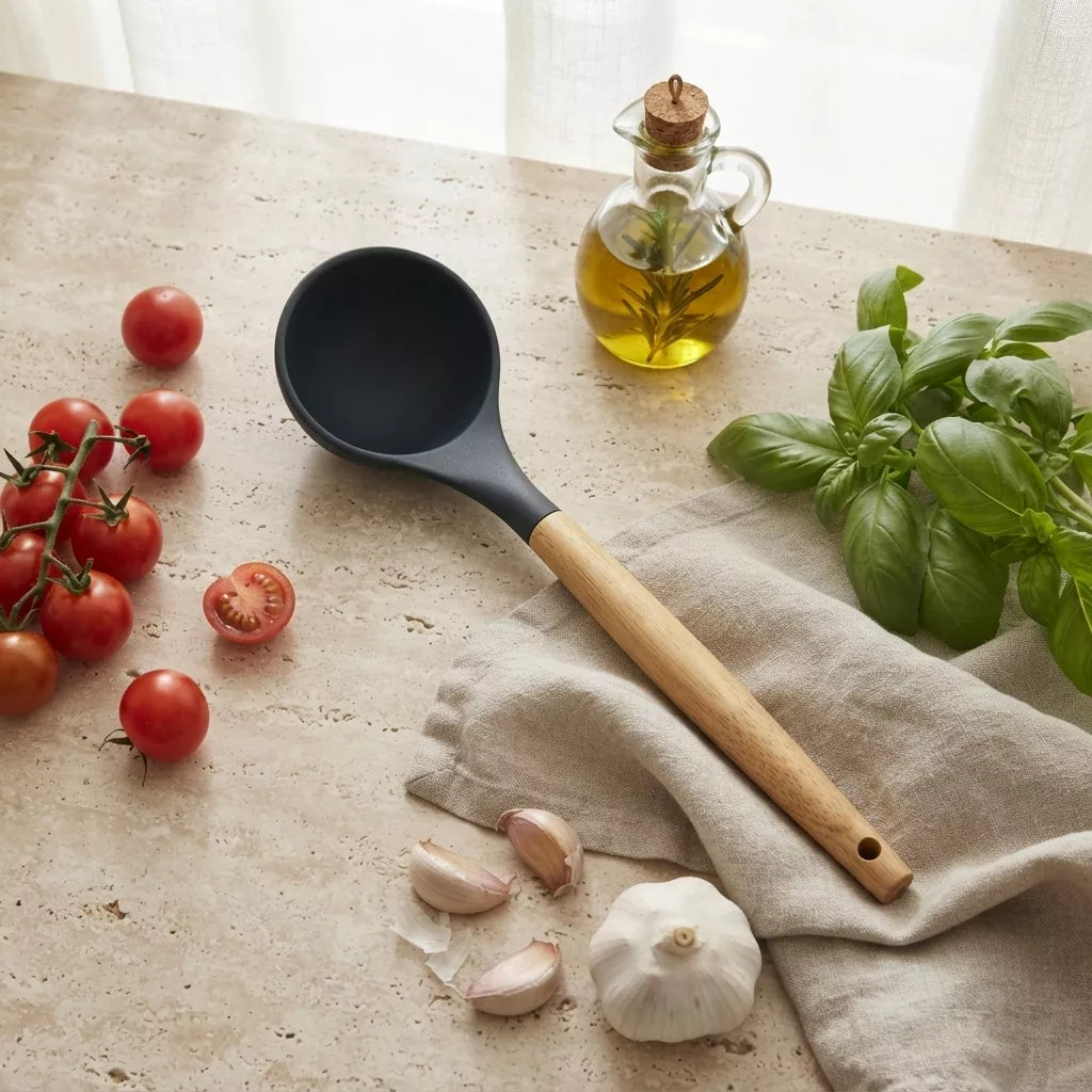 A matte black silicone ladle with a light wood handle rests on a beige linen cloth on a stone countertop, surrounded by fresh tomatoes, basil, garlic, and a glass bottle of olive oil.