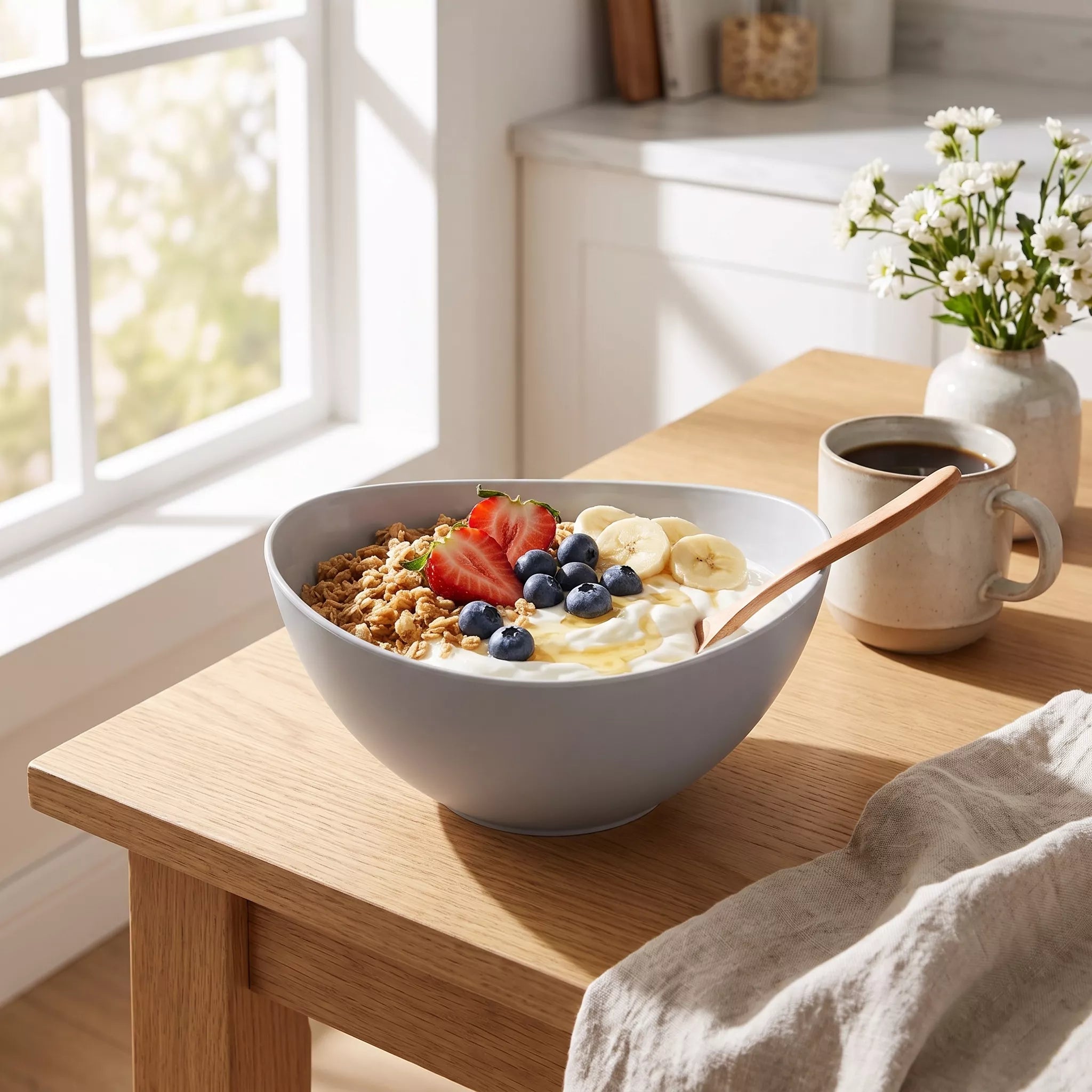 A light gray bowl filled with granola, yogurt, blueberries, and sliced bananas sits on a wooden table in a bright kitchen. A wooden spoon rests inside the bowl, with a white mug of coffee and a vase of small white flowers nearby.