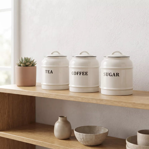 Three cream-colored ceramic canisters labeled TEA, COFFEE, and SUGAR arranged on a wooden shelf next to a small potted succulent, against a textured white wall.