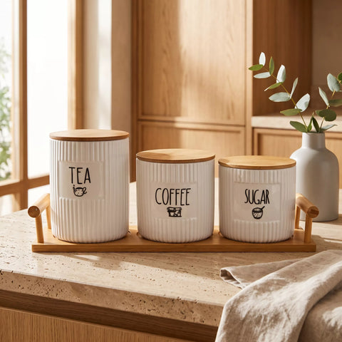 Ceramic Tea, Coffee & Sugar Canister Set with Bamboo Lids & Wooden Tray