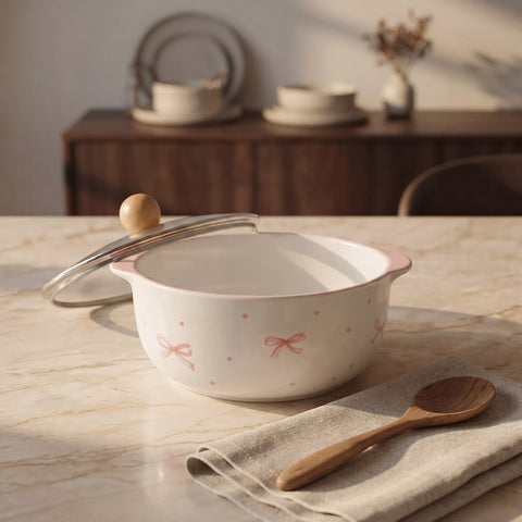 Ceramic Noodle Bowl with Pyrex Lid & Wooden Knob – Ribbon Design