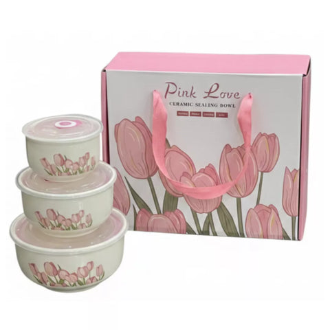 طقم علب سيراميك مزخرف بزهور وردية داخل علبة هدايا أنيقة – Floral ceramic bowl set gift box packaging