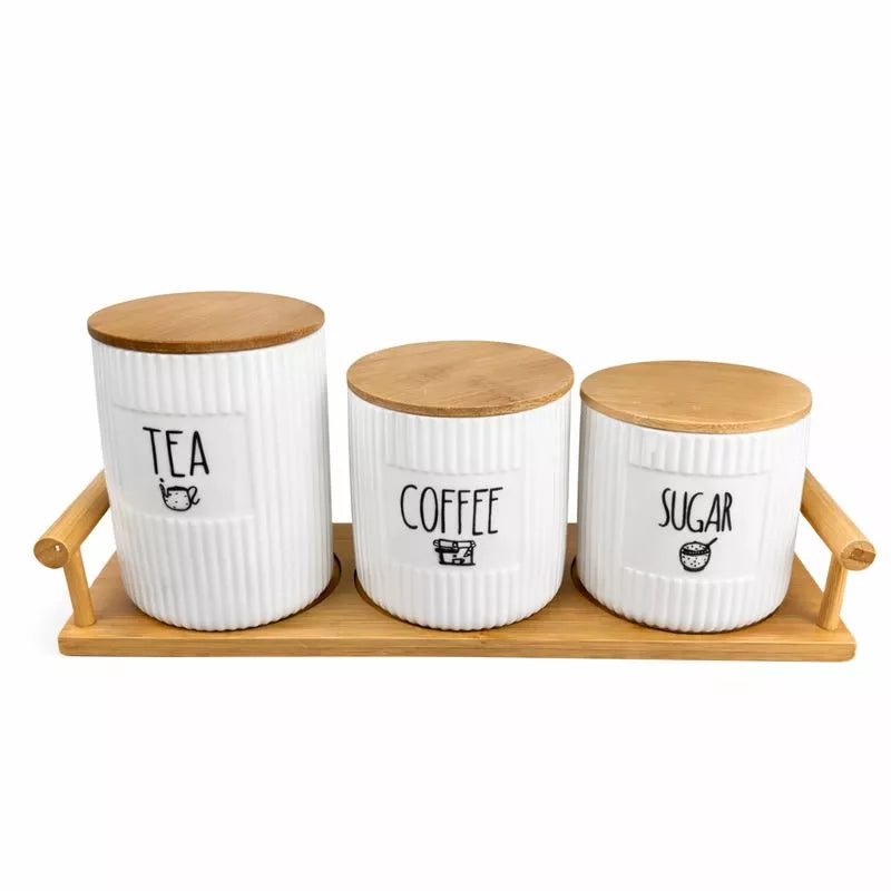 طقم برطمانات تخزين سيراميك Tea Coffee Sugar مع أغطية وقاعدة خشب – Ceramic tea coffee sugar storage jars set with wooden lids and tray by ILVIA