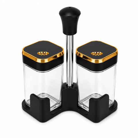 2-Piece Square Glass Salt & Pepper Shaker Set with Black & Gold Lids & Holder – 100ml