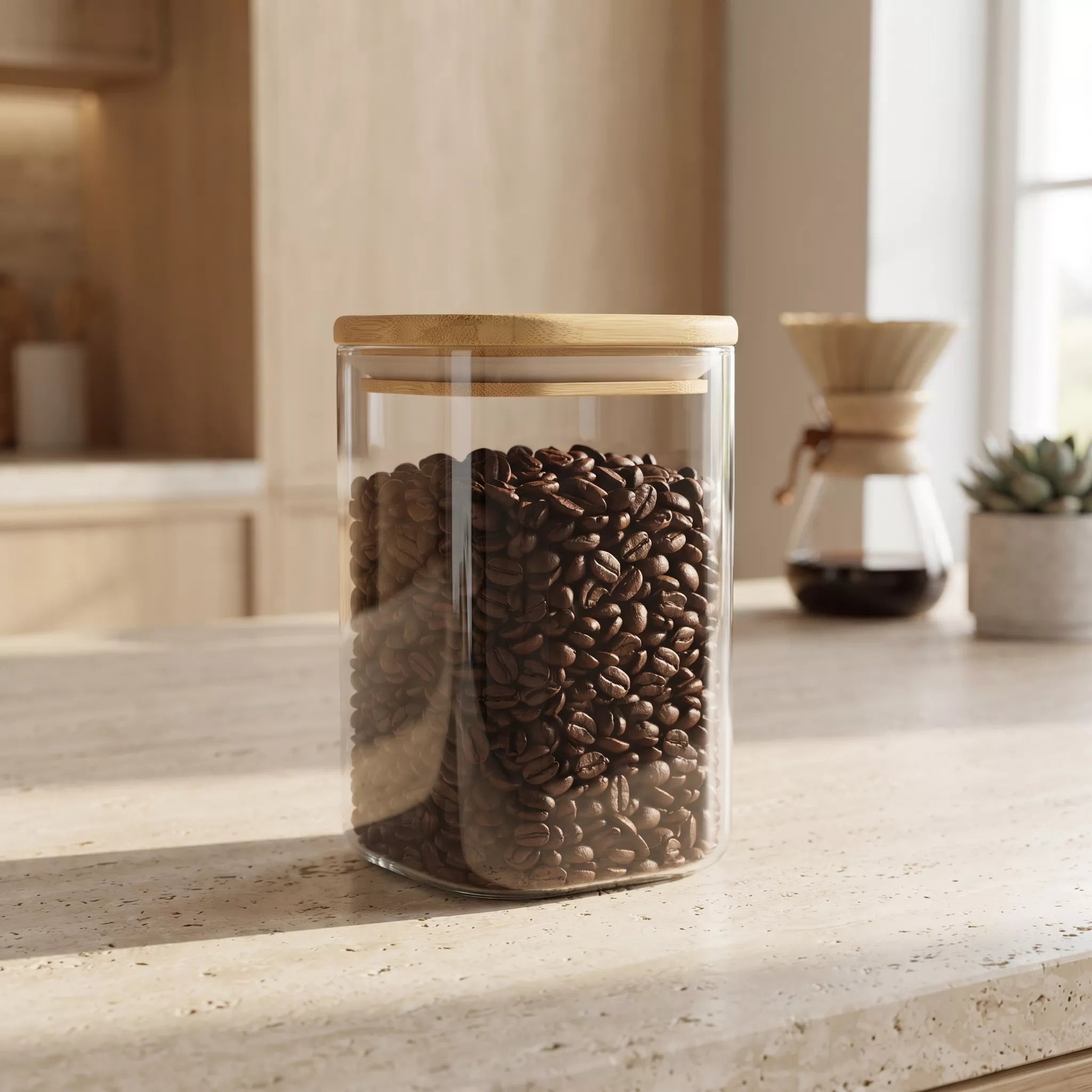 A clear glass canister with a light wood lid, filled with dark brown coffee beans, sitting on a light stone countertop in a softly lit kitchen setting.
