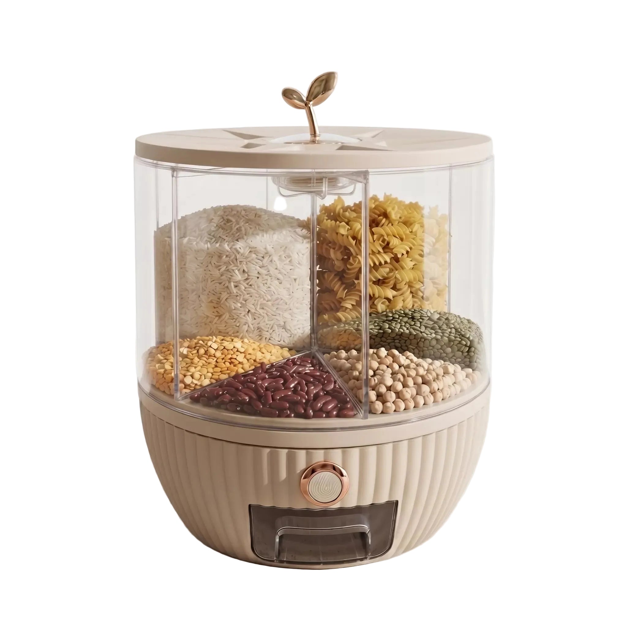 A ribbed beige automatic grain dispenser with a clear cylindrical container filled with various dry grains and legumes, topped with a small leaf-shaped handle, on a white background.