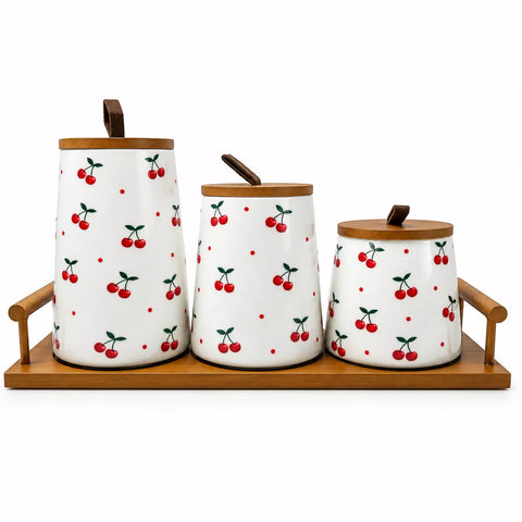 3-Piece Ceramic Storage Canister Set with Cherry Pattern & Wooden Tray