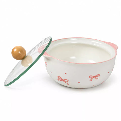 Ceramic Noodle Bowl with Pyrex Lid & Wooden Knob – Ribbon Design