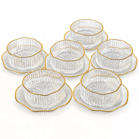 Gold Rim Glass Serving Bowl Set with Saucers – 12 Pieces