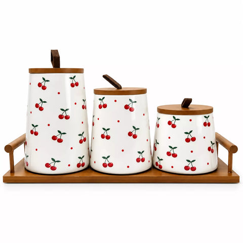 3-Piece Ceramic Storage Canister Set with Cherry Pattern & Wooden Tray