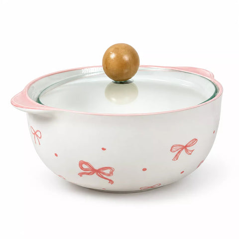Ceramic Noodle Bowl with Pyrex Lid & Wooden Knob – Ribbon Design
