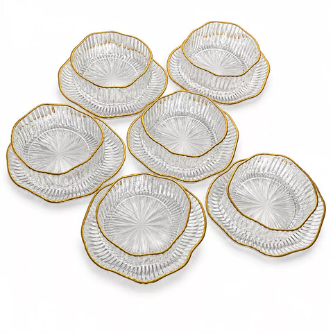 Gold Rim Glass Serving Bowl Set with Saucers – 12 Pieces