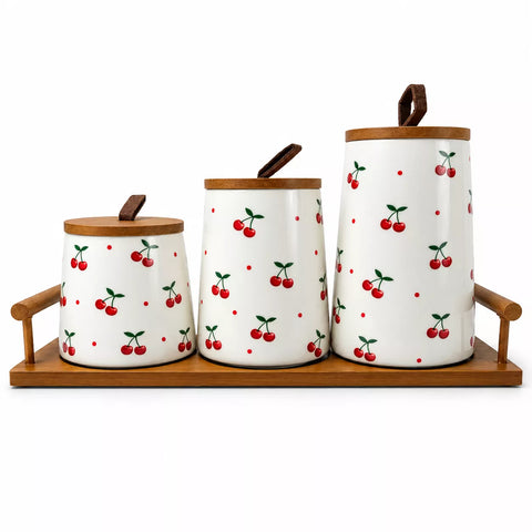 3-Piece Ceramic Storage Canister Set with Cherry Pattern & Wooden Tray