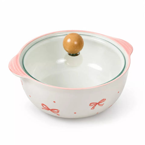 Ceramic Noodle Bowl with Pyrex Lid & Wooden Knob – Ribbon Design