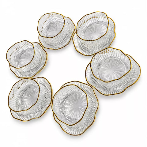 Gold Rim Glass Serving Bowl Set with Saucers – 12 Pieces