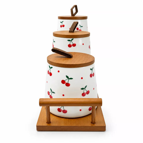 3-Piece Ceramic Storage Canister Set with Cherry Pattern & Wooden Tray