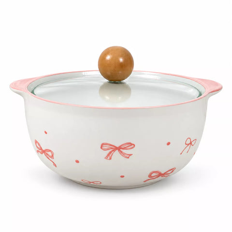 Ceramic Noodle Bowl with Pyrex Lid & Wooden Knob – Ribbon Design
