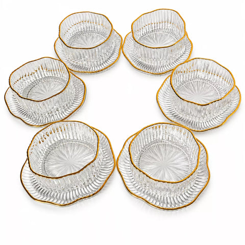 Gold Rim Glass Serving Bowl Set with Saucers – 12 Pieces