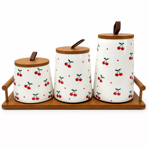3-Piece Ceramic Storage Canister Set with Cherry Pattern & Wooden Tray
