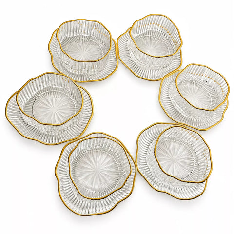 Gold Rim Glass Serving Bowl Set with Saucers – 12 Pieces
